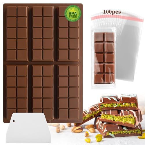 Midnadiy molde de silicona para chocolate, molde de 6 tabletas con rascador y bolsa de 100 unidades, bombones de praliné de Dubai