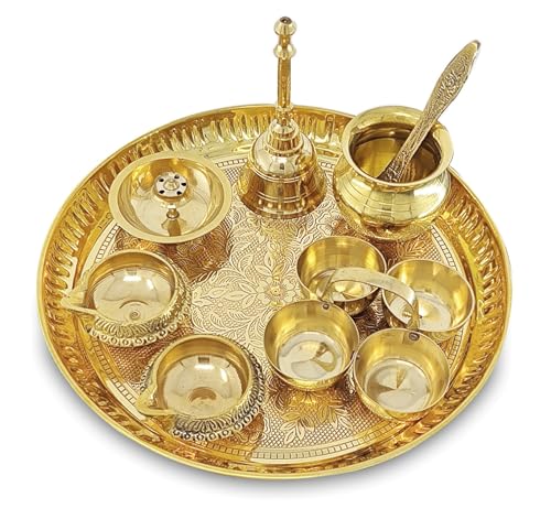 Image of BENGALEN Brass Pooja Thali Set 8 Inch Puja Thali with Pital Plate Kalash Haldi Kumkum Stand Dhup Dan Kuber Diya Ghanti Palli Arti Thali for Diwali Home Office Mandir Wedding Return Gift Items
