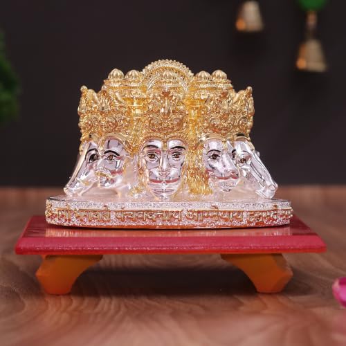 Image of Gold Art India Panchmukhi Hanuman Idol Two Tone Gold Silver Finish Bust Design Decorative Murti for Home Temple, Car Dashboard, Office & Vastu Decor