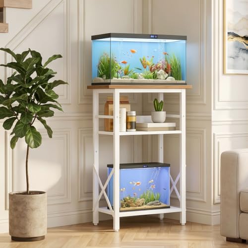 Image of HOOBRO 10 Gallon Aquarium Stand, 3-Tier Fish Tank Stand with Storage, Reptile Turtle Tank Stand with Metal Frame, 20.5 inch L x 11 inch W, Walnut and White WH52FT01