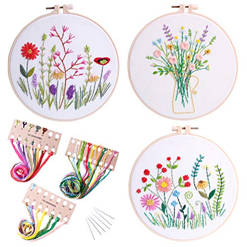 3sets Full range embroidery kits for beginners stamped embroidery kit includes embroidery cloth with pattern embroidery hoop instruction color embroidery floss threads set and needles (Kit4)