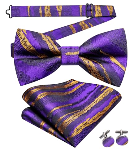 Image of Hi-Tie Bow Ties for Men Pre-Tied Pocket Square with Cufflinks Mens Bowtie Sets for Wedding Formal Party