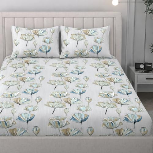 Image of Cotton Feel King Size Flat Bedsheet for Double Bed (90 x 100 Inches | 230 x 250 cm) with 2 Pillow Covers | Soft & Smooth Printed Bedsheet for Daily Use (White, King Bed-90x100)