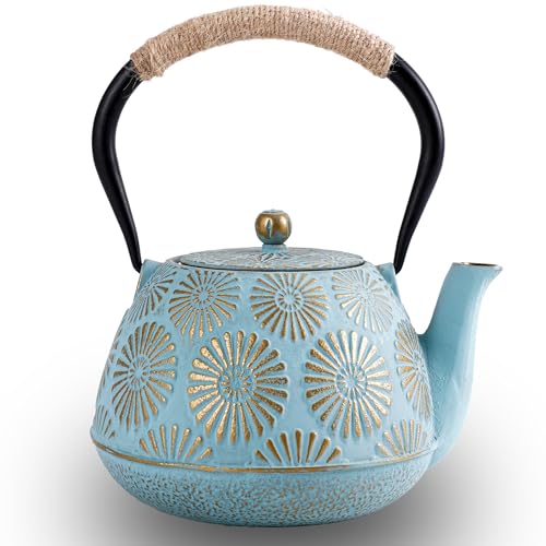 Japanese Tetsubin Cast Iron Teapot, 40oz (1200ml) Enamel-Coated Stovetop Kettle with Stainless Steel Infuser & Heat-Resistant Handle, Traditional Iron Pot for Tea Ceremony (blue and gold)