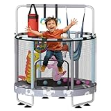 LAMERGE 55' 7-in-1 Round Trampoline for Kids Boys & Girls Ages 1-8, Indoor & Outdoor Toys for Fun, Adjustable Height & Enclosed Safety Net & Durable Designs for Toddlers Children - Grey Soccer