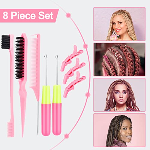 SWEET VIEW Hair Crochet Hooks Set - 2 Crochet Needles, Edge Brush, Bristle Brush, Rat Tail Comb, 3 Gator Clips for Passion Twist Hair Extensions - Thumbnail 7