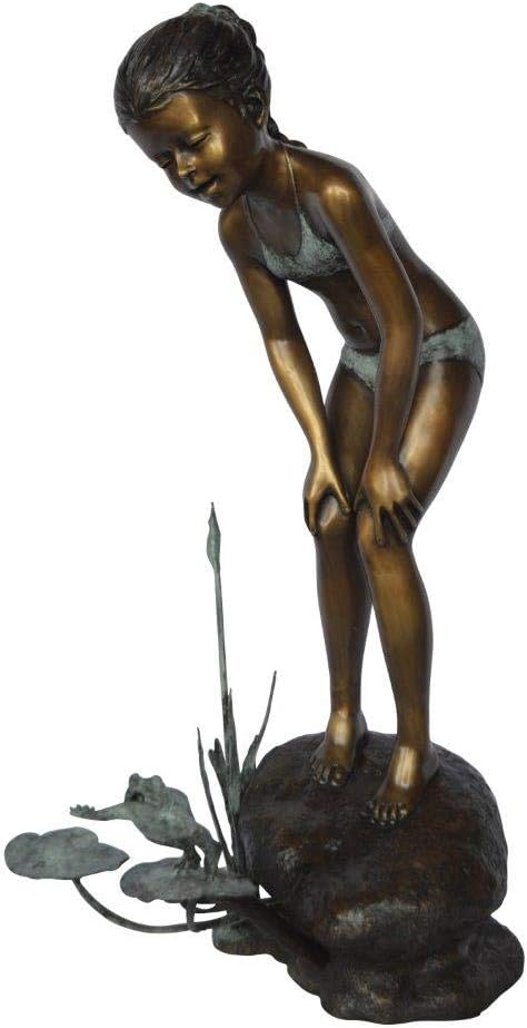 Nifao Bronze Girl with Frog Fountain Statue – Outdoor Garden Water Feature Sculpture, Artistic Patio Decor, 21" L x 15" W x 38" H