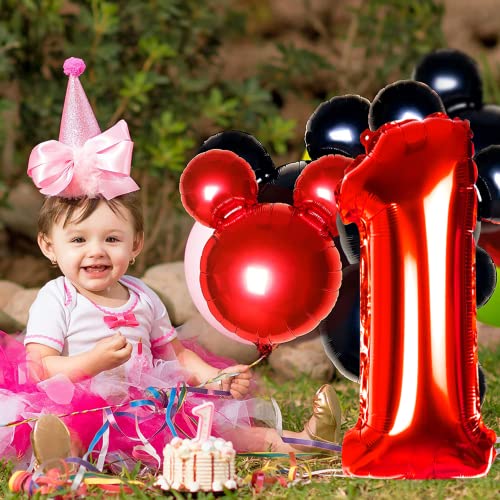 Cadeya Mouse Number 1 Birthday Balloons, 40”Black Red Aluminum Foil Balloons For Mouse Clubhouse 1St Birthday Party, Kids Theme Party Decoration Supplies #TOP7