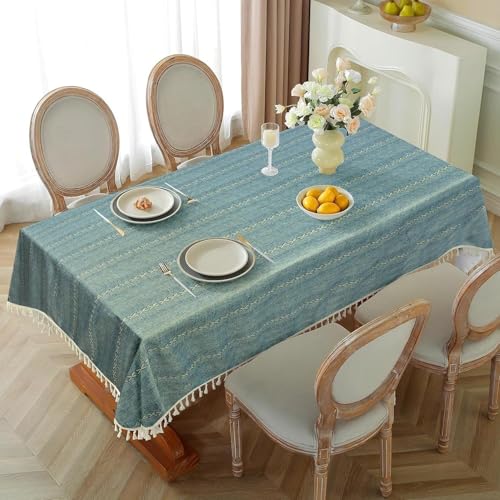 Image of Cortina Tablecloth for Dining Table Waterproof Table Cover, Cotton Linen Fabric Rectangle Tablecloth (Boho-Blue, 6 Seater)