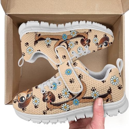Little Kid Boys Girls Lightweight Breathable Sneakers Strap Athletic Tennis Shoes for Running Walking Cute Dachshund Daisy Pattern White Sole2