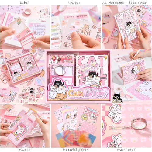 Image of VOTDOT Paper Junk Journal & Scrapbook Kit, Scrapbooking Supplies Kit with Creative Decor Journaling Supplies, Stationery, Stickers, A6 Grid Notebook with Graph Ruled Page Gift for Girl (Cats Letter)