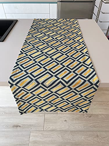1KDreams Tischläufer aus Baumwolle, Mitteldecke, geometrisches Muster, Grün, Petroleum, Gelbgold, Luxus-Dekoration, Elegant, 35 x 240 cm Cover