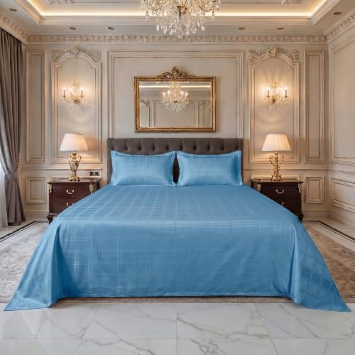 Image of LINENWALAS 300 TC Organic Bamboo Jacquard Check Flat Bedsheet for Double Bed, Silky Soft Sateen Weave | Breathable, Cooling & Hypoallergenic (Bahamas Blue, 90 inchx100 inch)