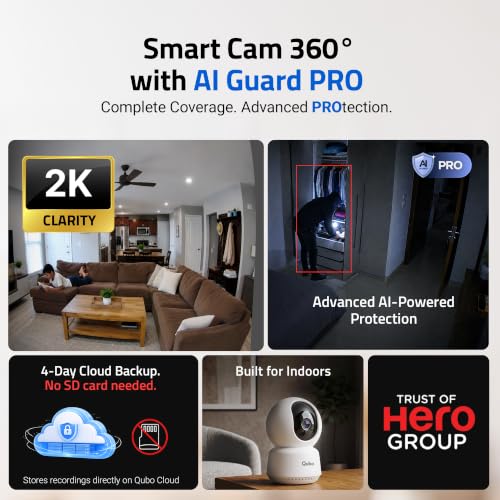 Image of Qubo Smart Cam 360 3MP (Pack of 4) by Hero Group | AI Guard Pro (12-Month Plan) | Cloud Backup | AI-Person Detection | Color Night Vision | Records Directly on Cloud | No SD Card Required