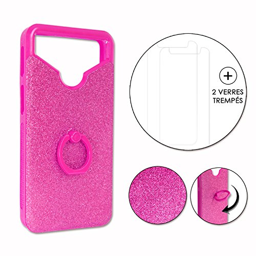 LG Optimus G Pro Pack Coque arrière Rose Strass avec Bague + 2 Verres trempés Dureté MAXIMALE