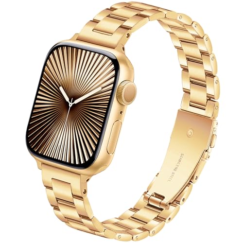 Image of Melyis Slim Metal Band Compatible with Apple Watch Bands for Women 46mm 45mm 44mm 42mm 49mm, Premium Stainless Steel iWatch Bands for Apple Watch Band Series 11 10 9 SE Series 8 7 6 5 4 3 2 1 Ultra, Gold