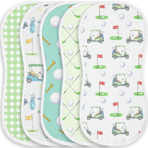 Image of Spriggenix 5 Pack Baby Burp Cloths for Boys Girls, Soft Cotton, Golf Sport Theme Design, Super Absorbent Baby Burping Cloths for Newborns, Machine Washable and Reusable Baby Spit-Up Cloths