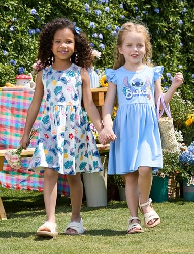 Image of Disney Frozen Elsa Princess Minnie Mouse Stitch Toddler Girl Dresses 2 Pack Short Ruffle Sleeve Costume Set Outfit 2-13 Years
