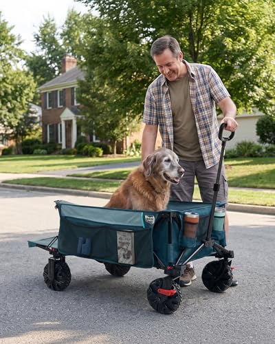 Image of TIMBER RIDGE 600L Beast Wagon 26 inch W Extra Wide All Terrain Folding w /Big Wheels, Cargo Net & Tailgate, 26 inch W and 54.5 inch L, 400lbs Heavy Duty Collapsible Portable Cart for Camping, Sports, Dogs, Blue