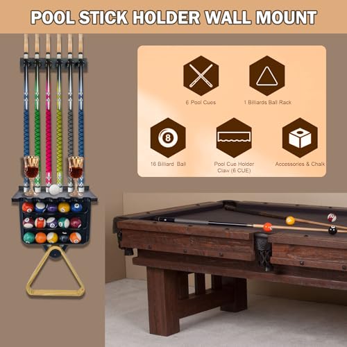 Joovon Pool Stick Holder Wall Mount 6 Cue Rack with Balls Catcher - image 2