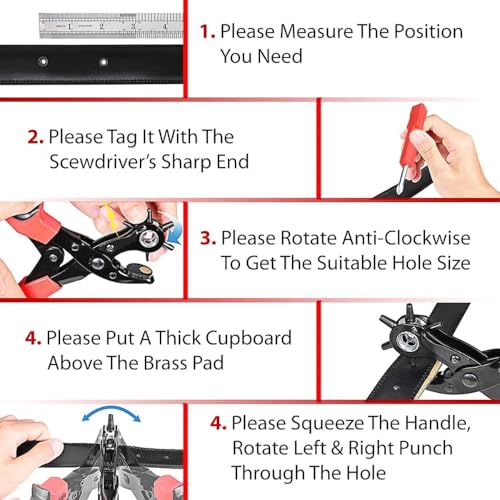 Image of Rotary Leather Belt Hole Puncher Pliers, Belt Punching Machine With 6 Sizes Heavy Duty Belt Hole Machine for Straps Crafts Adjustable Steel Head Comfortable Grip