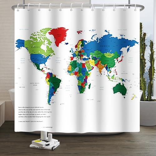 Xiaoterna Cortina de Baño Mapamundi Cortina de Baño Anti Moho Moderno Colorido Mapa del Mundo Cortina de Ducha Blanca Colorido Mapa del Mundo Tejido Impermeable Lavable a máquina 240x180cm 🔥