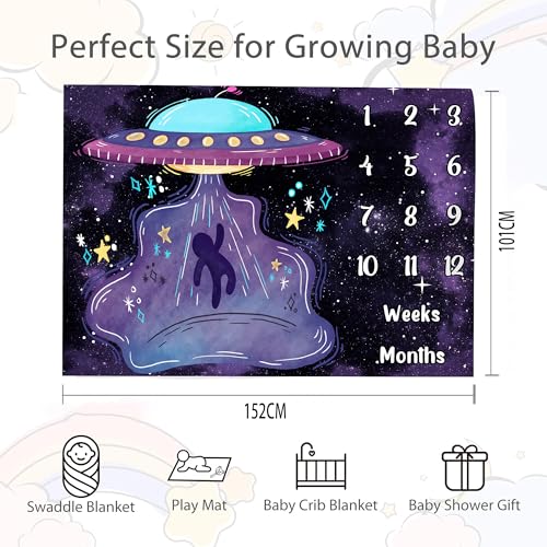 Image of UFO Baby Monthly Milestone Blanket, Purple Spaceship, 60x40in | Soft Flannel, Alien Design, Photography Props for Boys Girls, Newborn Mom Gift, Nursery Decor Baby Shower