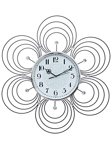 Image of CHRONIKLE Beautiful Floral Design Stylish Round Diamond Studded Crystal Metal Analog Wall Clock for Living Room Home Decor Office Gifts (Size: 55 x 5 x 59 CM | Color: Black | Weight: 1140 Gram)