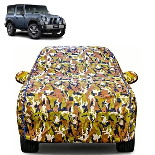 Image of Waterproof Car Body Cover for Mahindra Thar with Mirror Pocket| Cotton Inner Lining | Triple Stitched | All Weather Protection | Dust, UV & Rain Proof (Camouflage with Blue Piping)