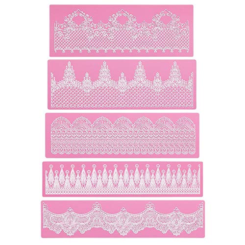 Beasea Lace Mold for Cake Decorating, 5pcs Silicone Lace Mats for Cakes, Pink Fondant Lace Molds Silicone Tools Flower Pattern Molds Embossed Sugar Craft Tools