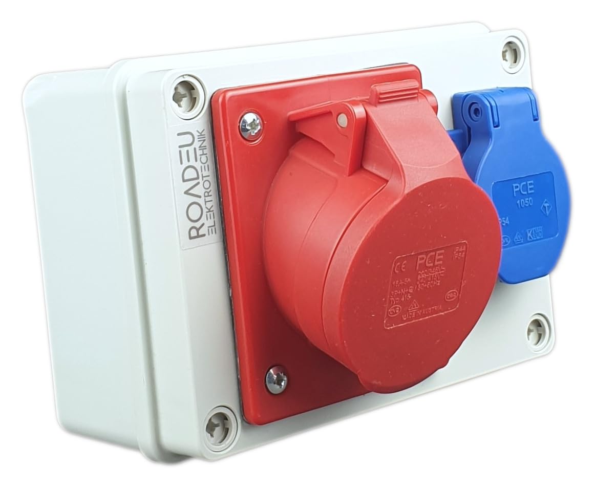 RoadEu - Distribuidor de pared 16A 5P - Enchufe CEE con Schuko 230V - Toma de pared combinada, IP44, totalmente cableado. Ideal para Taller, Cobertizo y Fábricas