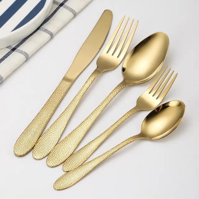 Image of Hammered Aurum Gold Silverware Set | 20-Piece Premium Stainless Steel Flatware Set | Dishwasher Safe Cutlery Set for Home, Restaurant & Gifting