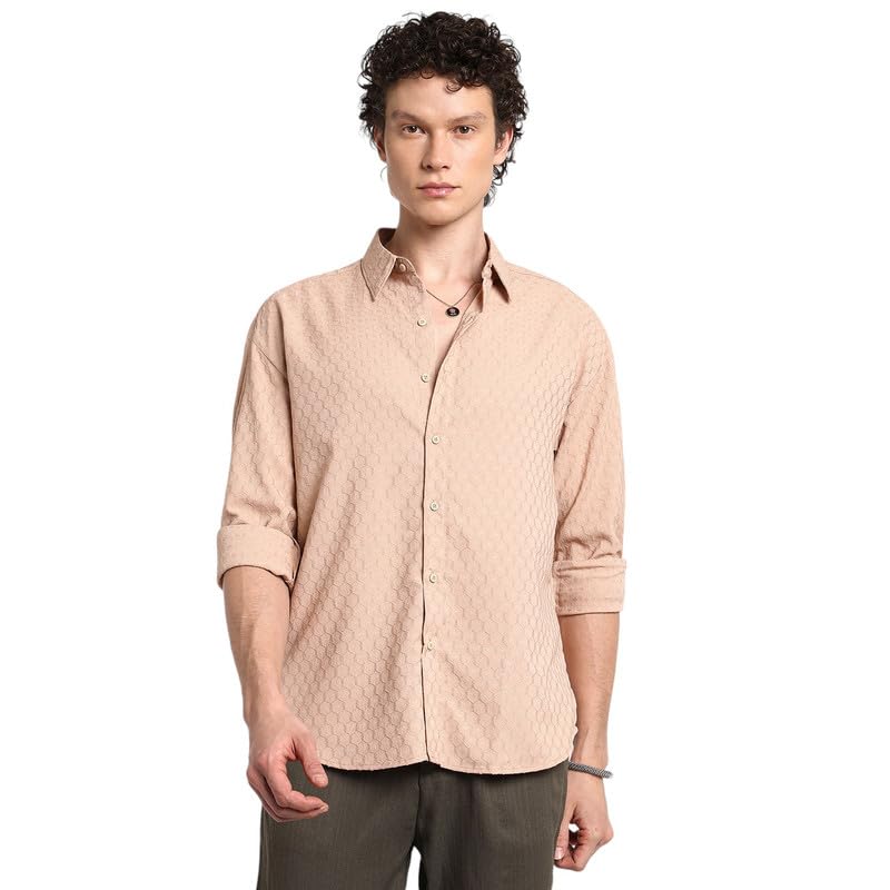 Campus Sutra Men’s Cotton Hollow Knit Overd Shirt |Casual-Wear | Cuban Collar | Long Sleeve | Button Closure | Overd Shirt Crafted with Comfort Fit for Everyday Wear