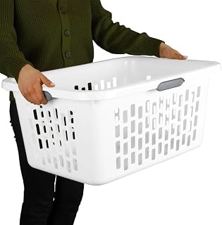 Extra Large Plastic Laundry Basket with Grip Handles, Rectangle Clothes Hamper, 2 Bushel Capacity, White, 26.75x19x12 Inches, for Home, Dorm, and Apartments