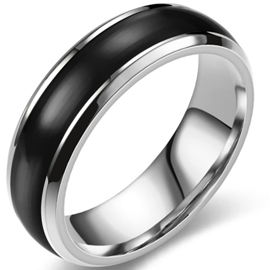 6mm Stainless Steel Black Enamel Filled Stackable Classic Plain Wedding Band Ring