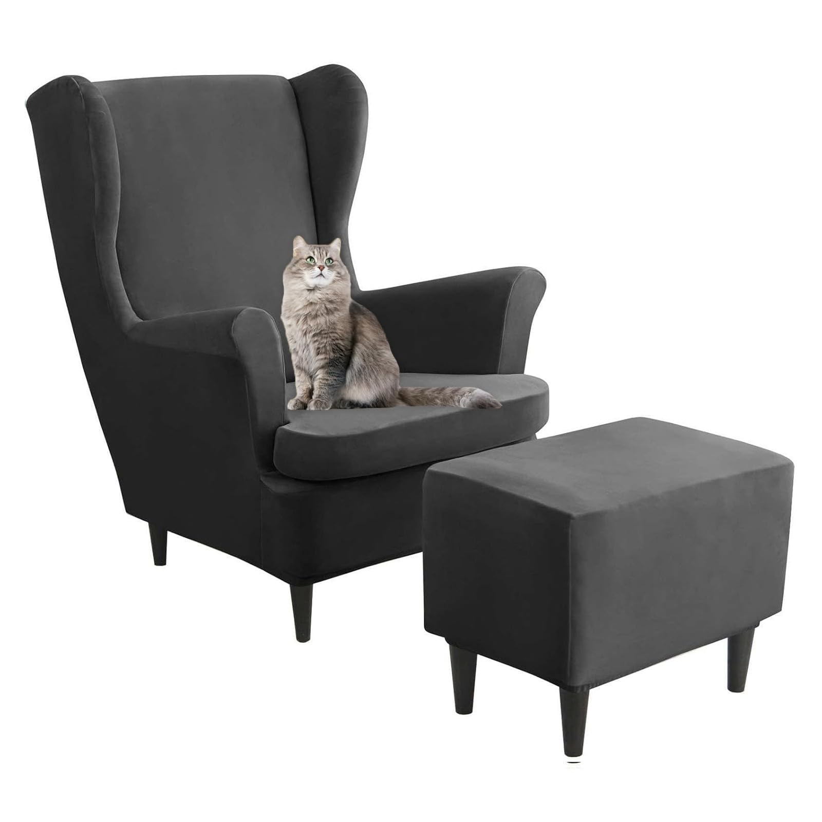 Velvet Wing Chair Cover Set 3 Pieces Wingback Chair Slipcover with Ottoman Cover Rectangle Storage Stool Cover Removable Armchair Sofa Covers(Black)