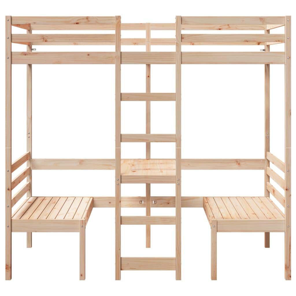 Cama alta 90 x 190 cm de madera maciza de pino con escritorio y 2 sillas, marco de cama para niños y jóvenes, muebles seguros para dormir