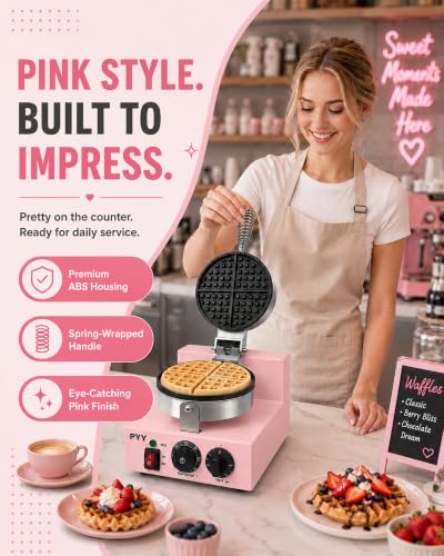 Image of PYY Commercial Waffle Maker, 1200W Professional Waffle Maker Commercial with Nonstick Plates, 122F-572F Temp Control, 5-Min Timer, Cool Touch Spring Handle, Home Kitchen Cafe Restaurant, Pink