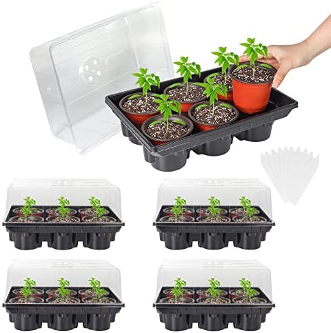 Bonviee Seed Starter Tray with 4 Inch Nursery Pots, 5-Pack Seedling Starter Kits with Humidity Dome (30 Cells Total Tray) and 10 Pcs Labels Mini Greenhouse Germination Kit for Seeds Growing Starting