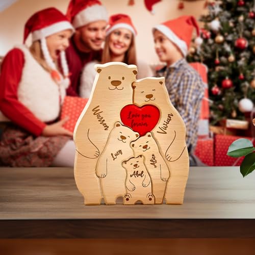 VEELU Personalisiertes Holzkunstpuzzle der Bärenfamilie mit 2-6 Namen| Holz Bär Skulpturen Desktop Ornament Home Tischdekoration, Geschenk für Familie, Muttervatertag Geburtstag