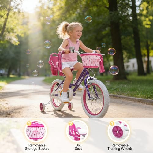 Image of WinHope Girls Bike, 12-18 Inch Children's Bicycle for 2-9 Years Old, Beginner Kids Bike with Training Wheels, Doll Seat & Basket,Streamers for Outdoor Riding, Multiple Colors