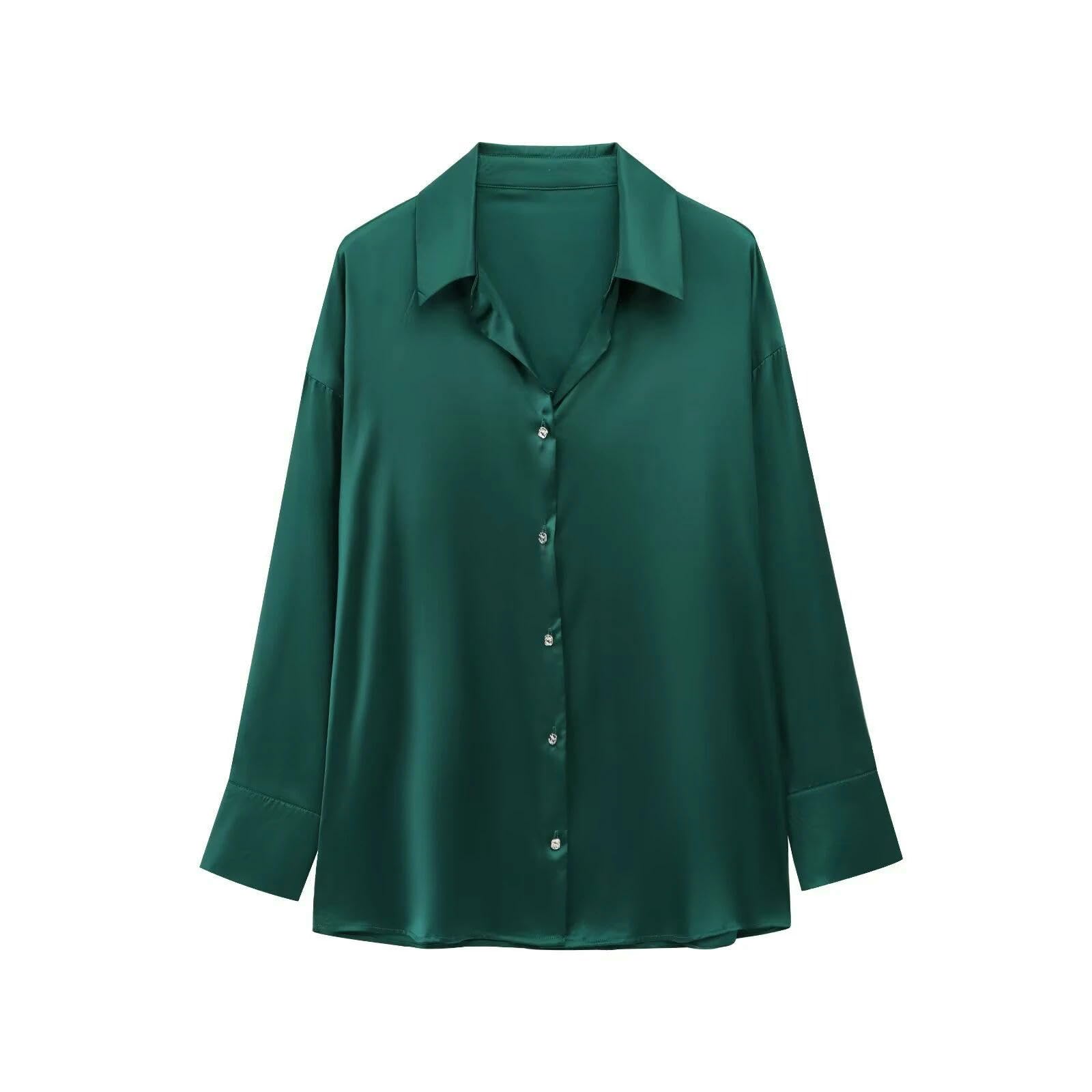 Camicia Donna da in Raso A Maniche Lunghe Forma di V Primaverile Decorata con Bottoni, Top Casual per Pendolari Versatile-Verde-s