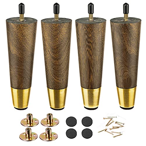 Wooden Furniture Legs 6 inch conical brown wood grain sofa legs 4-piece set Medieval sofa feet with brass base sofa replacement parts can be used in cabinets,coffee tables,footstools,TV cabinets