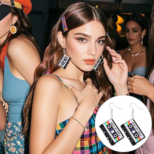 3 Pairs 80s 90s Retro Cassette Tape Neon Earrings for Women, 80s 90s Outfit Acrylic Radio Drop Earring, Neon Jewelry for 80s/90s Accessories Halloween Cosplay Music4