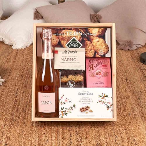 Cesta Navidad - Lote 300-25 / con cava rosé reserva Berdié, bombones Unics, bizcocho mármol, tejas de Tolosa y chocolate en caja de madera regalo