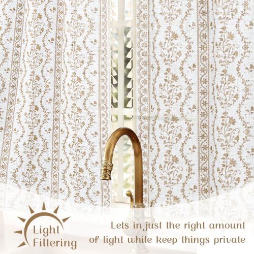 Image of Yinhua Boho Kitchen Curtains 36 Inch Length Vintage Linen Cafe Curtains Light Filtering Bohemian Floral Tier Rod Pocket Farmhouse Rustic Tassel Small Drapes with Tiebacks, 2 Panels, White Beige