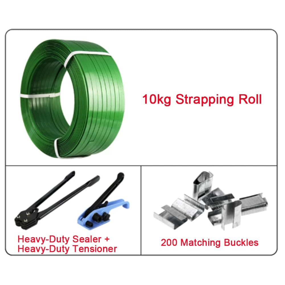 Kit di reggiatura in acciaio e plastica PET | Verde, 12/16 mm, trasporto in magazzino: reggia in PET, pinze, tenditore, 200 fibbie(16mm)