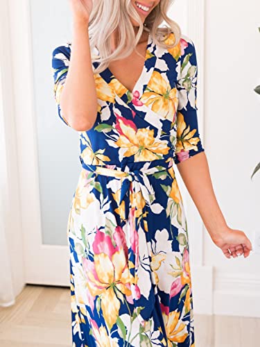 Sissyaki Women's Floral Print Casual Maxi Dress V-Neck Half Sleeve Long Party Dress 3-Flower Navy Medium #TOP4