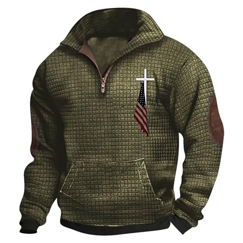Christian Sweatshirt for Men Quarter Zip American Flag Jesus Cross Sweater with Elbow Patches Casual Pullover Tops