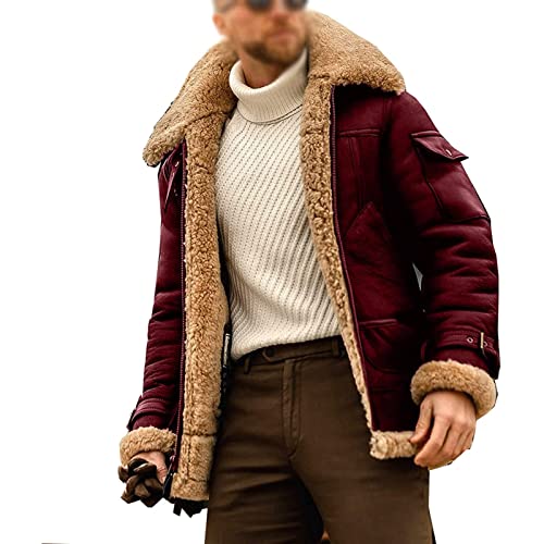 Hommes décontracté hiver épaissir fermeture éclair patchwork veste manteaux bombardiers aviateurs, veste aviateur en cuir de mouton for hommes (Color : Red, Size : 3XL) Cover